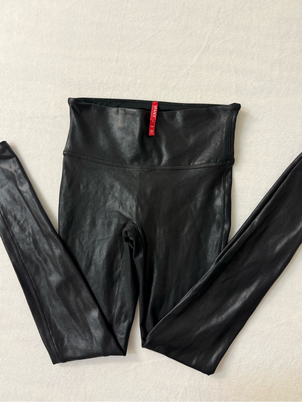 SPANX Black Faux Leather High-Waist Leggings with Red Logo Tab